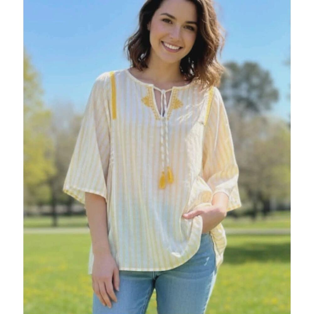 Banana Republic Blouse Size M Embroidered Tie Neck Smocked Waist